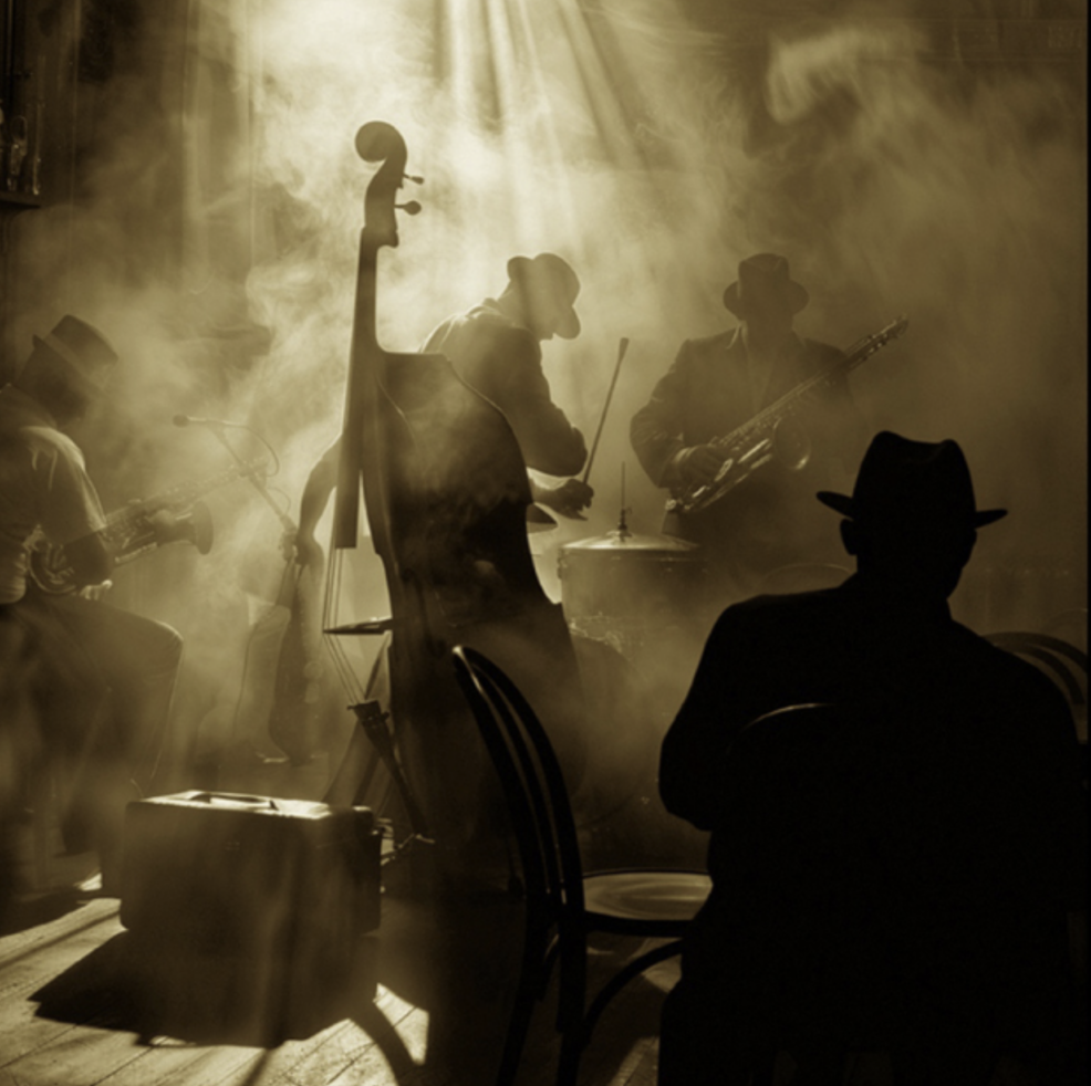 Jazz musicians in smoke filled club